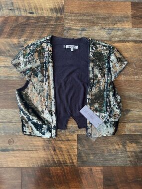 Jennifer Lopez Sequin Cardigan in Black with Metallic Accents